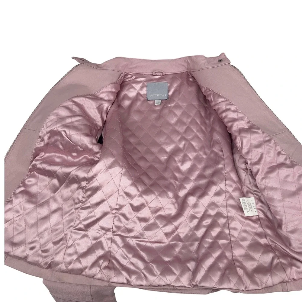 Amisu Women's Pink Leather Moto Jacket Cafe Racer Full Zip Circle Pocket‎ 40 S/M